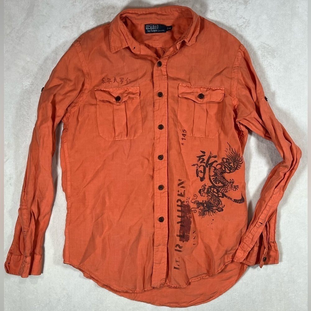 Polo Ralph Lauren M Silk Linen Blend Chinese Dragon Military Field Grade Shirt